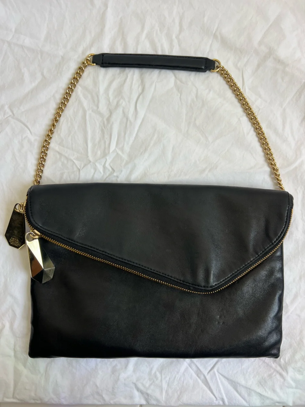 Henri Bendel Black Leather Envelope Shoulder Bag Clutch Gold Chain